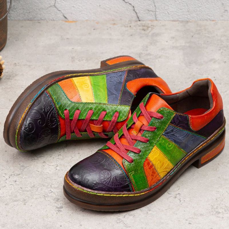 Casual Lace Up Rainbow Print Przeszycia Mokasyny Buty Damskie Skórzane Wygodne Mieszkania