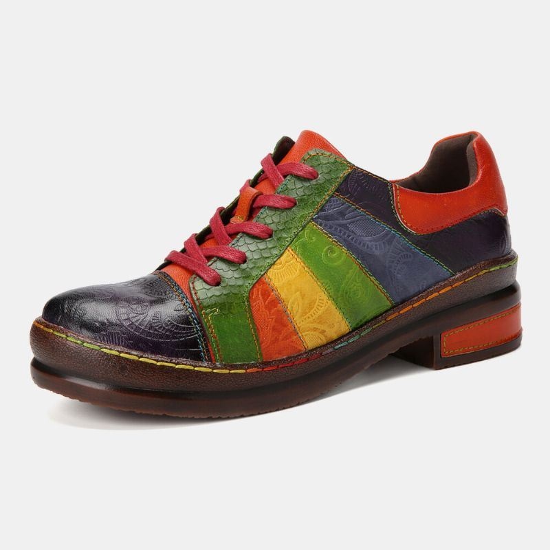 Casual Lace Up Rainbow Print Przeszycia Mokasyny Buty Damskie Skórzane Wygodne Mieszkania