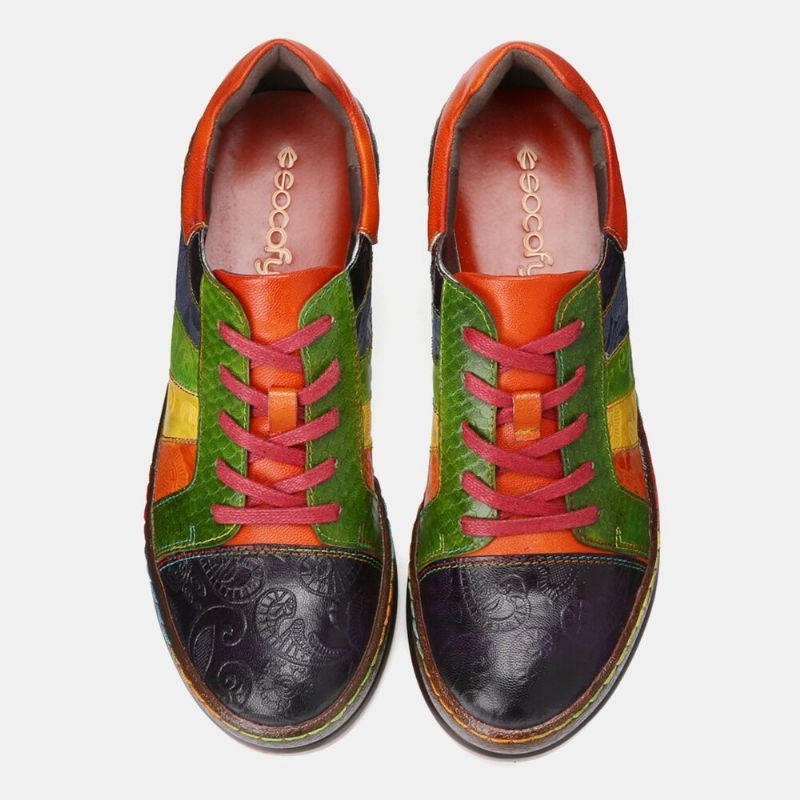 Casual Lace Up Rainbow Print Przeszycia Mokasyny Buty Damskie Skórzane Wygodne Mieszkania