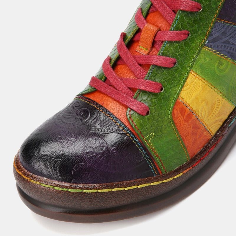 Casual Lace Up Rainbow Print Przeszycia Mokasyny Buty Damskie Skórzane Wygodne Mieszkania