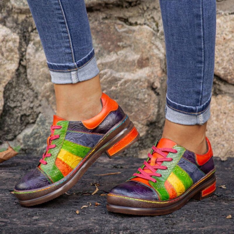 Casual Lace Up Rainbow Print Przeszycia Mokasyny Buty Damskie Skórzane Wygodne Mieszkania