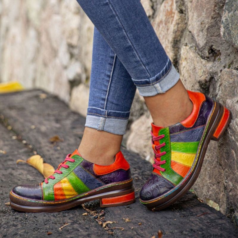 Casual Lace Up Rainbow Print Przeszycia Mokasyny Buty Damskie Skórzane Wygodne Mieszkania