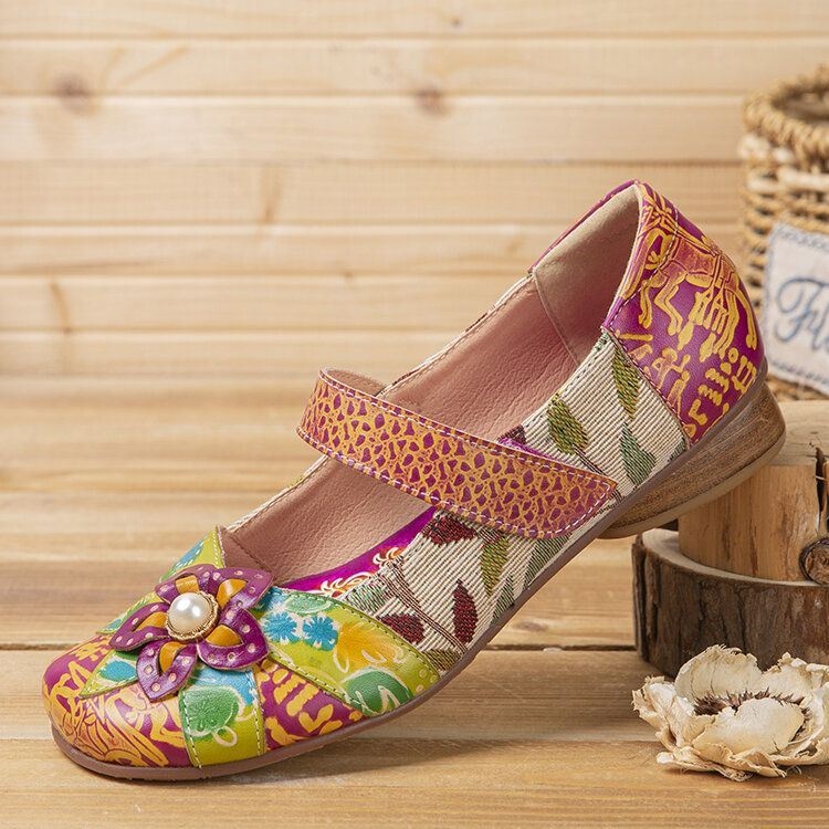 Damska Retro Flower Decor Wydrukowano Skóra Bydlęca Skóra Przeszycia Wygodne Okrągłe Toe Casual Płaskie Buty