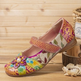 Damska Retro Flower Decor Wydrukowano Skóra Bydlęca Skóra Przeszycia Wygodne Okrągłe Toe Casual Płaskie Buty