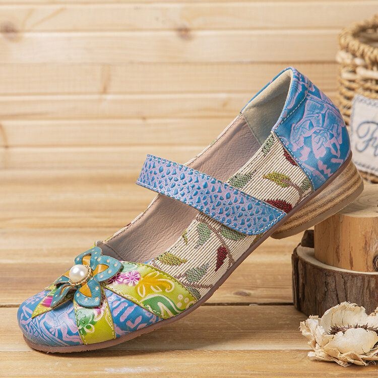 Damska Retro Flower Decor Wydrukowano Skóra Bydlęca Skóra Przeszycia Wygodne Okrągłe Toe Casual Płaskie Buty