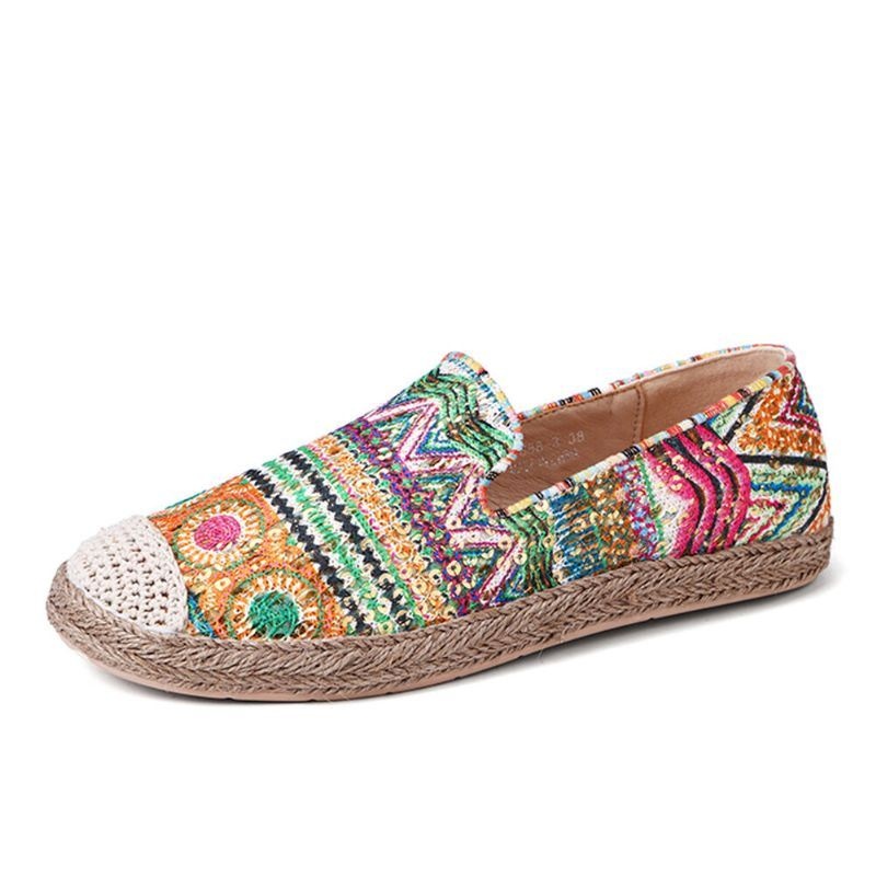 Damski Wzór W Stylu Boho Hollow Out Mesh Cloth Wygodny Poręczny Slip On Casual Espadrille Płaskie Buty