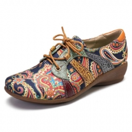 Damskie Paisley Retor Floral Łączenie Folkways Styl Okrągły Toe Sznurowane Płaskie Buty