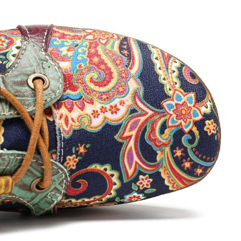 Damskie Paisley Retor Floral Łączenie Folkways Styl Okrągły Toe Sznurowane Płaskie Buty