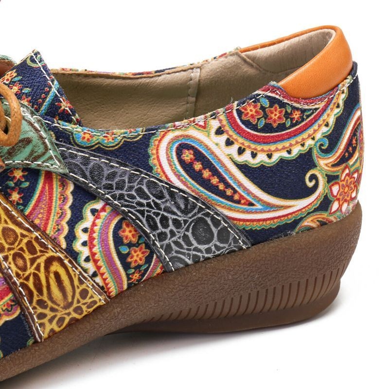 Damskie Paisley Retor Floral Łączenie Folkways Styl Okrągły Toe Sznurowane Płaskie Buty