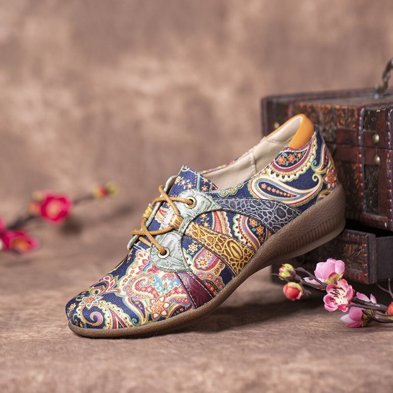 Damskie Paisley Retor Floral Łączenie Folkways Styl Okrągły Toe Sznurowane Płaskie Buty