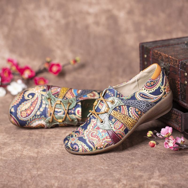 Damskie Paisley Retor Floral Łączenie Folkways Styl Okrągły Toe Sznurowane Płaskie Buty