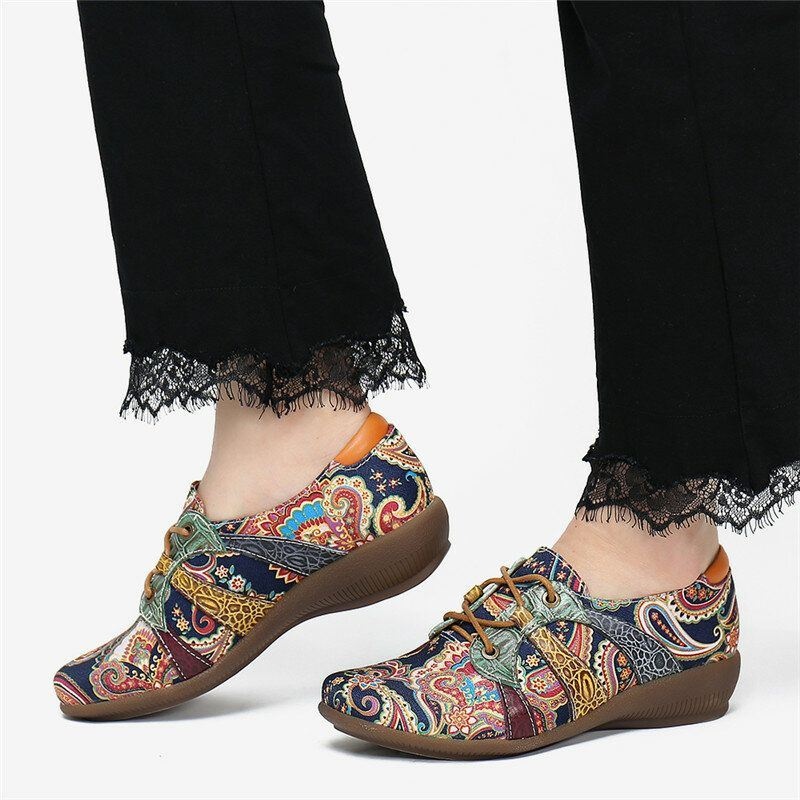 Damskie Paisley Retor Floral Łączenie Folkways Styl Okrągły Toe Sznurowane Płaskie Buty