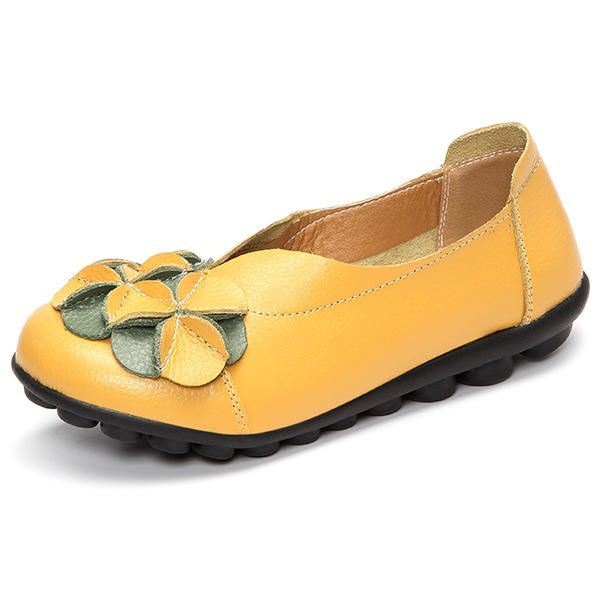 Damskie Płaskie Buty W Kwiaty Casual Outdoor Leather Slip On Round Toe Loafers