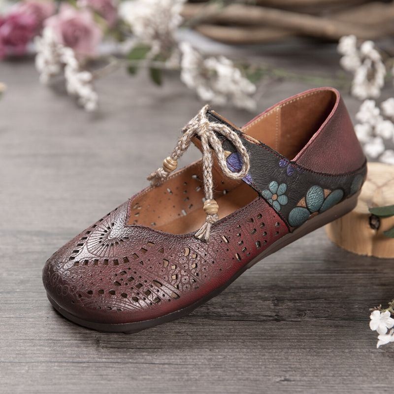 Damskie Retro Hollow Floral Soft Sole Węzeł Okrągły Toe Pasek Kostki Płaskie Buty