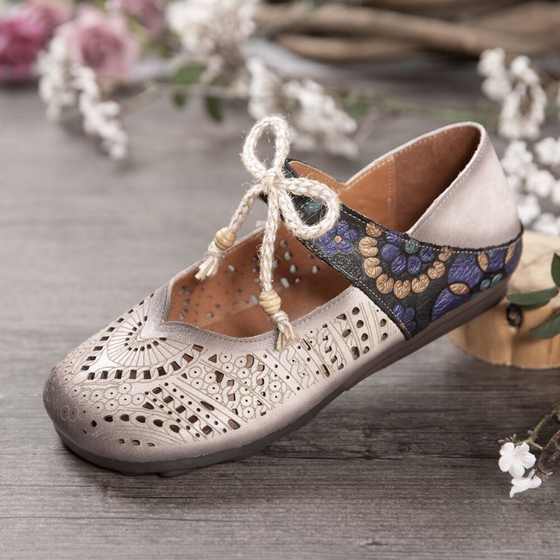 Damskie Retro Hollow Floral Soft Sole Węzeł Okrągły Toe Pasek Kostki Płaskie Buty