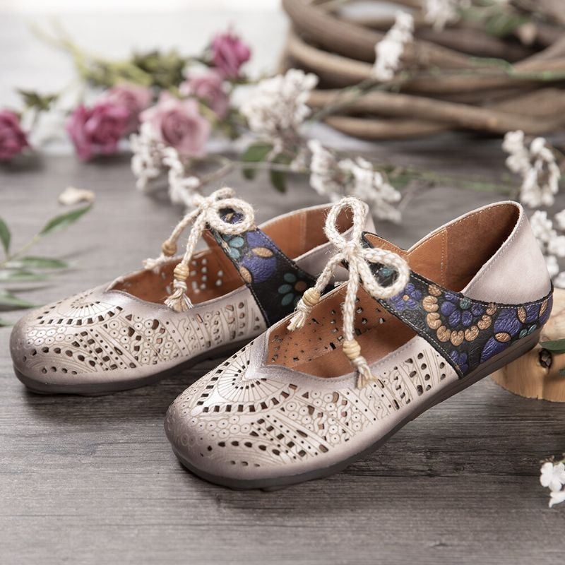 Damskie Retro Hollow Floral Soft Sole Węzeł Okrągły Toe Pasek Kostki Płaskie Buty