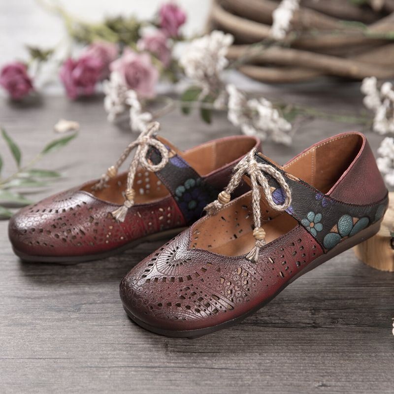 Damskie Retro Hollow Floral Soft Sole Węzeł Okrągły Toe Pasek Kostki Płaskie Buty