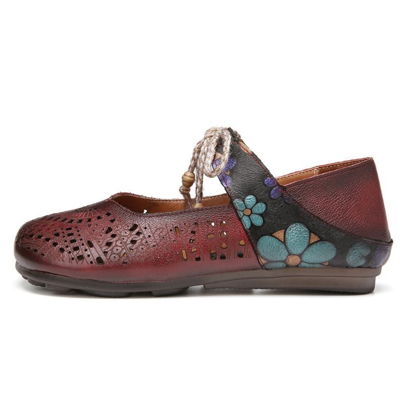 Damskie Retro Hollow Floral Soft Sole Węzeł Okrągły Toe Pasek Kostki Płaskie Buty