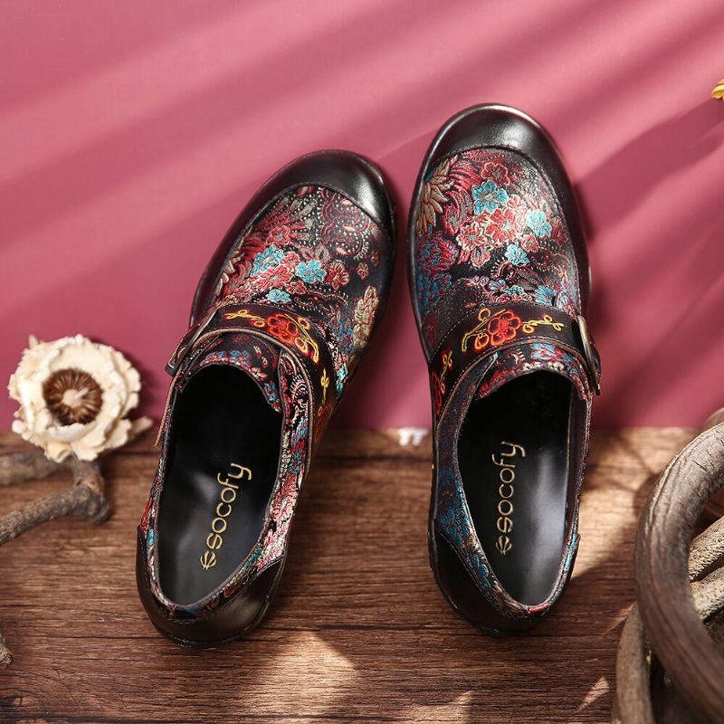 Damskie Retro Kwiaty Hafty Skórzane Tłoczone Plum Blossom Klamra Slip On Płaskie Buty