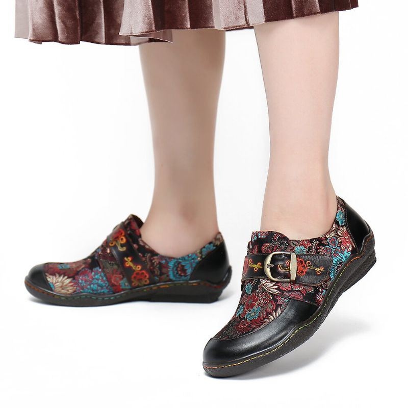 Damskie Retro Kwiaty Hafty Skórzane Tłoczone Plum Blossom Klamra Slip On Płaskie Buty