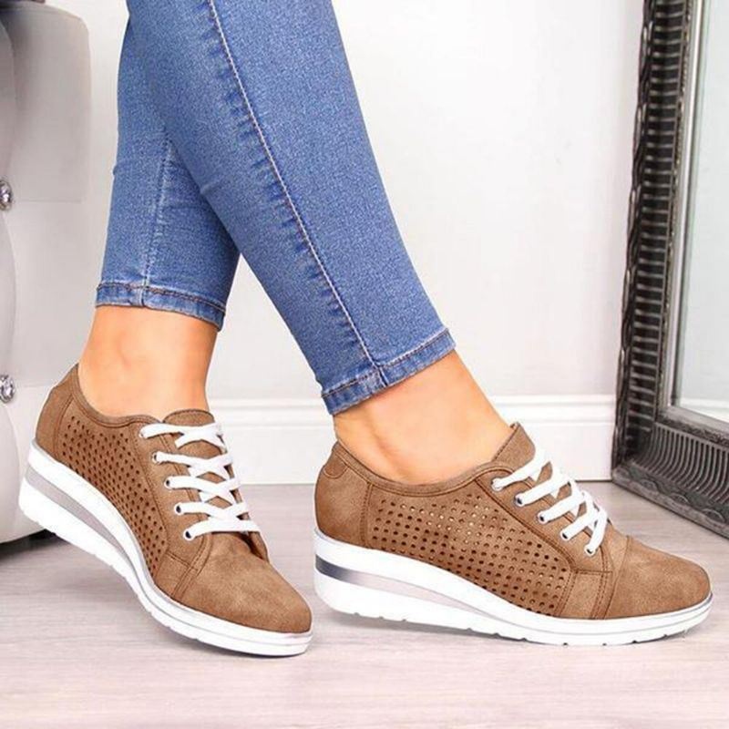 Duże Rozmiary Damskie Casual Solid Color Round Toe Lace Up Wedges Loafers