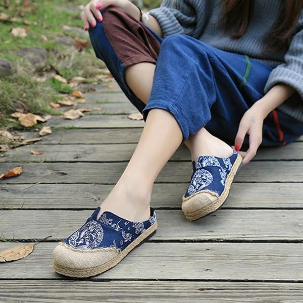 Kobiety Casual Cotton Len Outdoor Wygodne Buty Z Okrągłym Noskiem Na Płaskim Obcasie