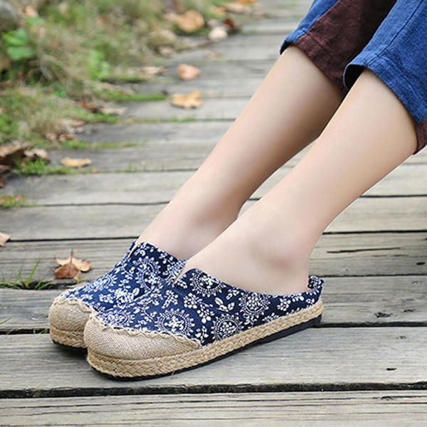 Kobiety Casual Cotton Len Outdoor Wygodne Buty Z Okrągłym Noskiem Na Płaskim Obcasie