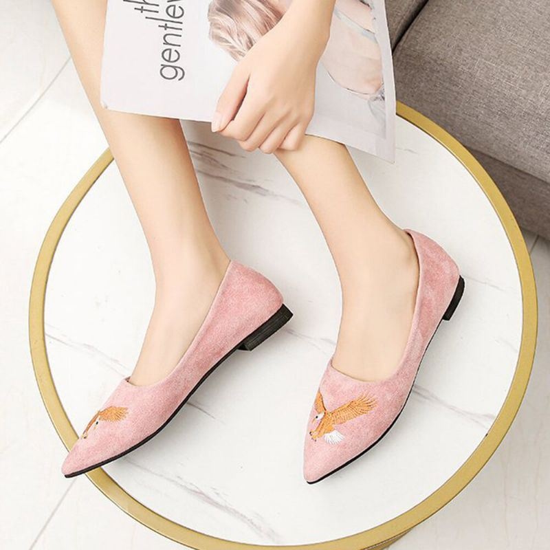 Kobiety Pointed Toe Suede Bird Haftowane Decor Mieszkania Buty