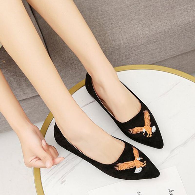 Kobiety Pointed Toe Suede Bird Haftowane Decor Mieszkania Buty