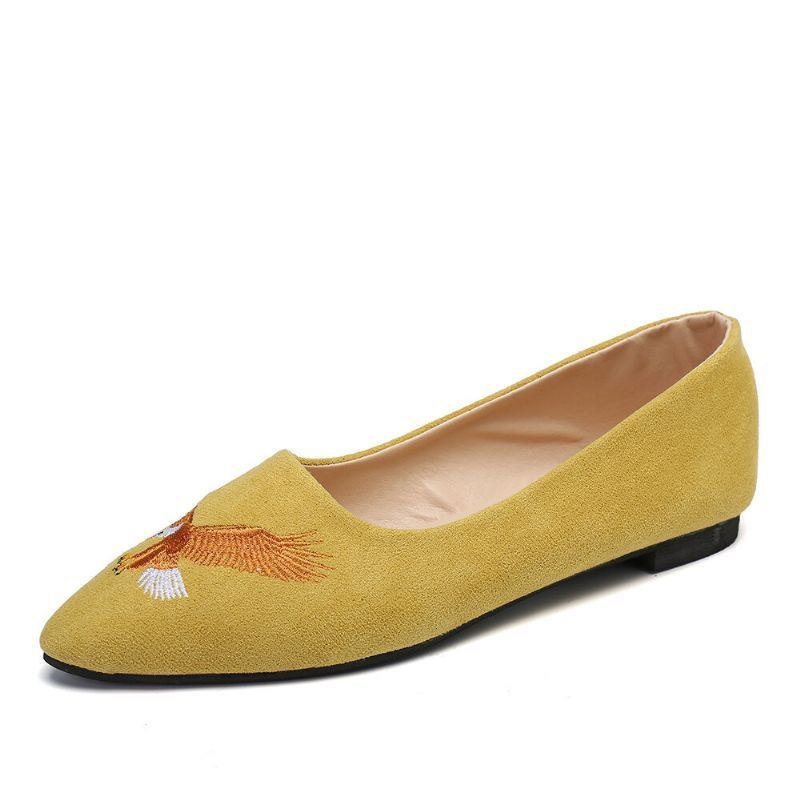 Kobiety Pointed Toe Suede Bird Haftowane Decor Mieszkania Buty