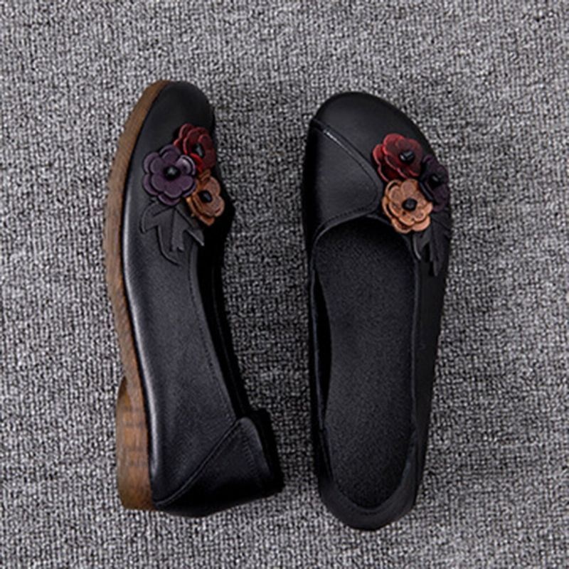 Kobiety Vintage Floral Okrągły Toe Prawdziwej Skóry Miękka Podeszwa Slip On Wygodne Mieszkania