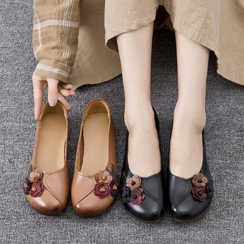 Kobiety Vintage Floral Okrągły Toe Prawdziwej Skóry Miękka Podeszwa Slip On Wygodne Mieszkania