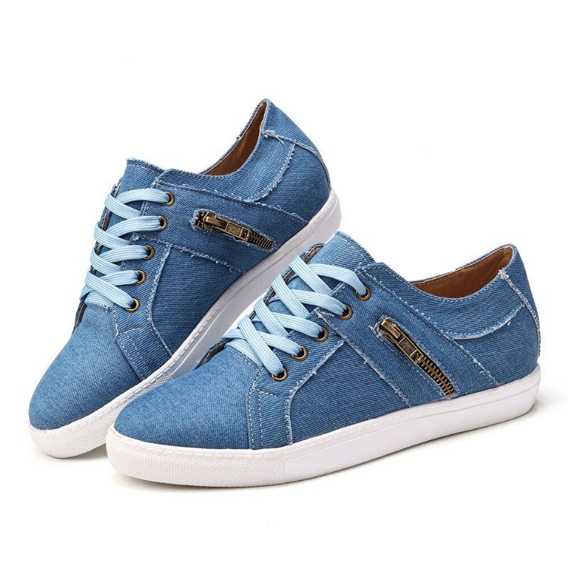 Plus Size Kobiety Retro Zipper Decor Canvas Lace Up Flat Casual Shoes