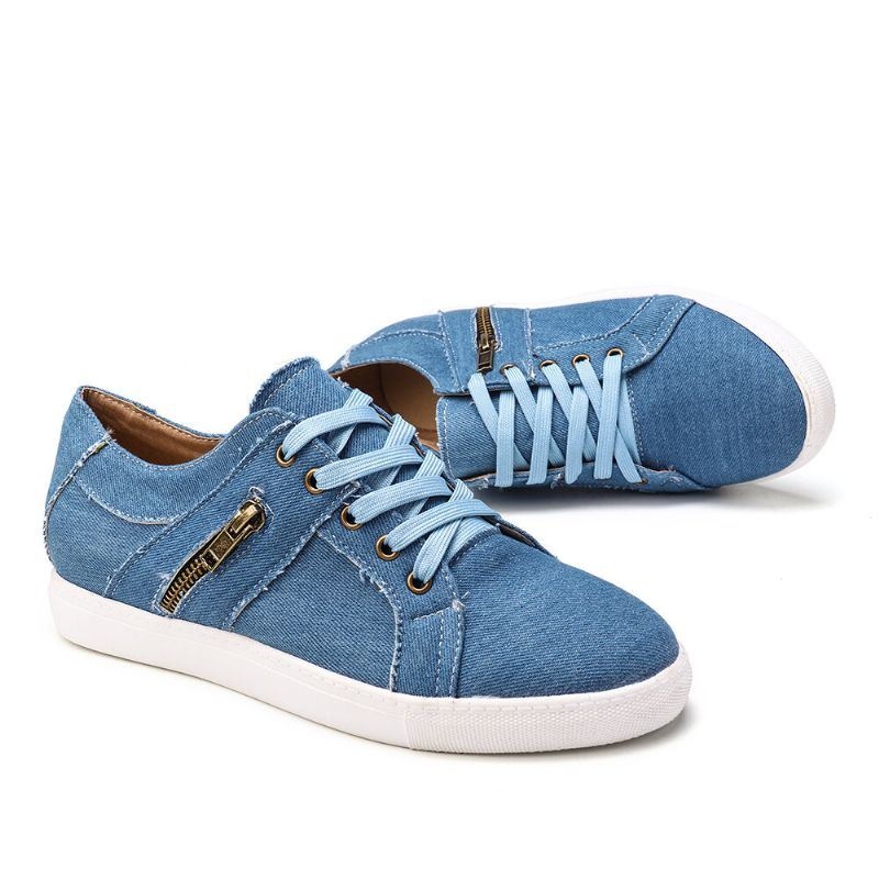 Plus Size Kobiety Retro Zipper Decor Canvas Lace Up Flat Casual Shoes