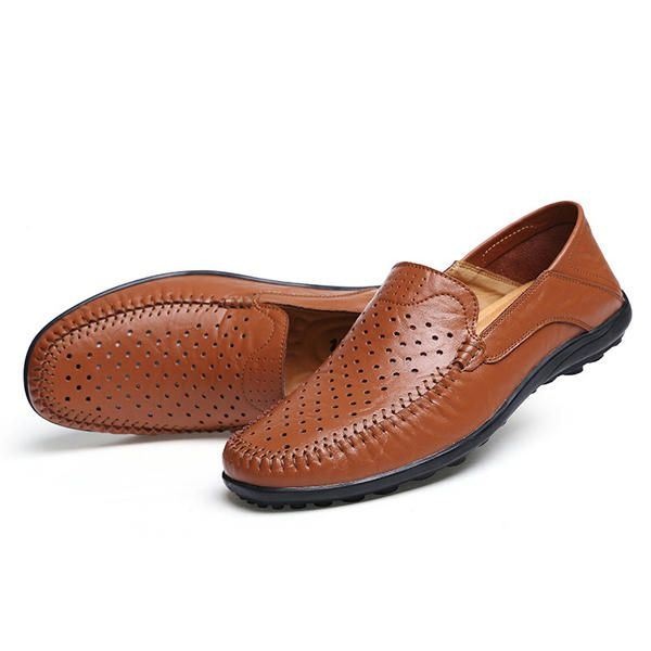 Mężczyźni Mieszkania Casual Outdoor Leather Slip-on Hollow Out Flats Shoes