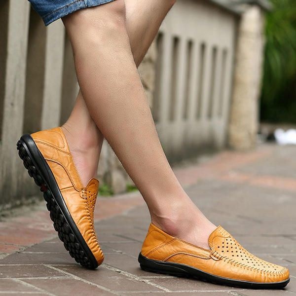 Mężczyźni Mieszkania Casual Outdoor Leather Slip-on Hollow Out Flats Shoes