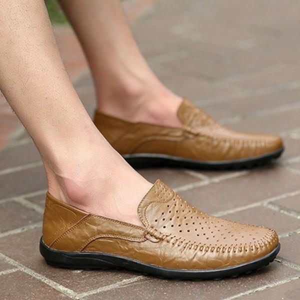 Mężczyźni Mieszkania Casual Outdoor Leather Slip-on Hollow Out Flats Shoes