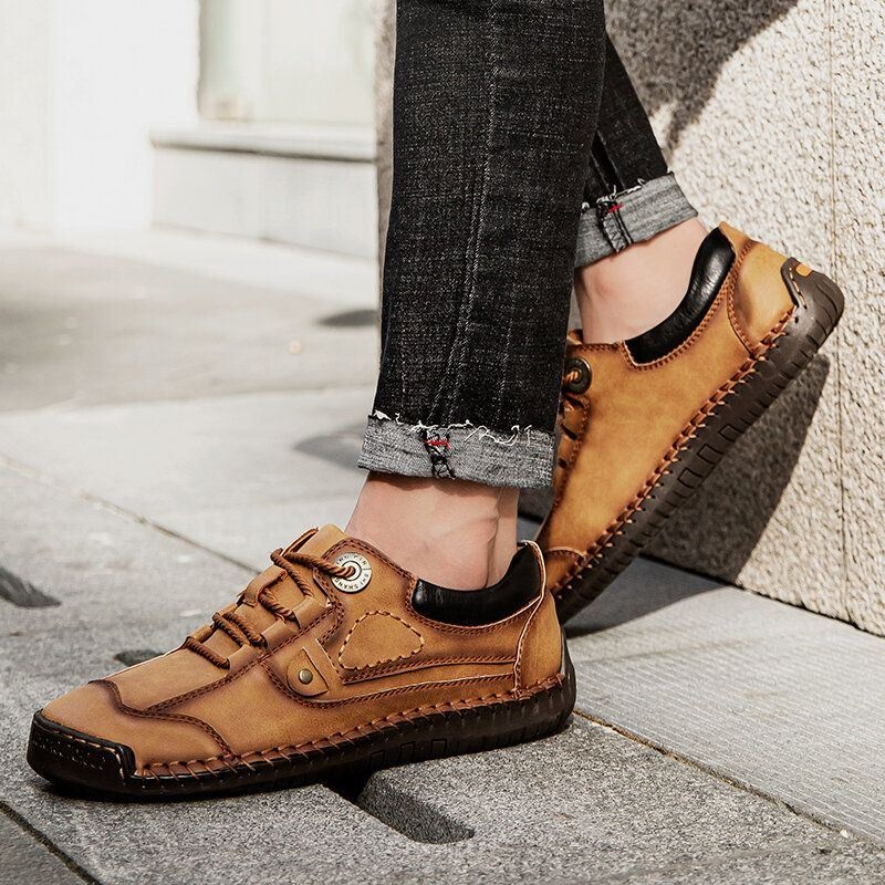 Mężczyźni Outdoor Anti-collision Toe Skóra Z Mikrofibry Ręcznie Szyte Business Casual Shoes