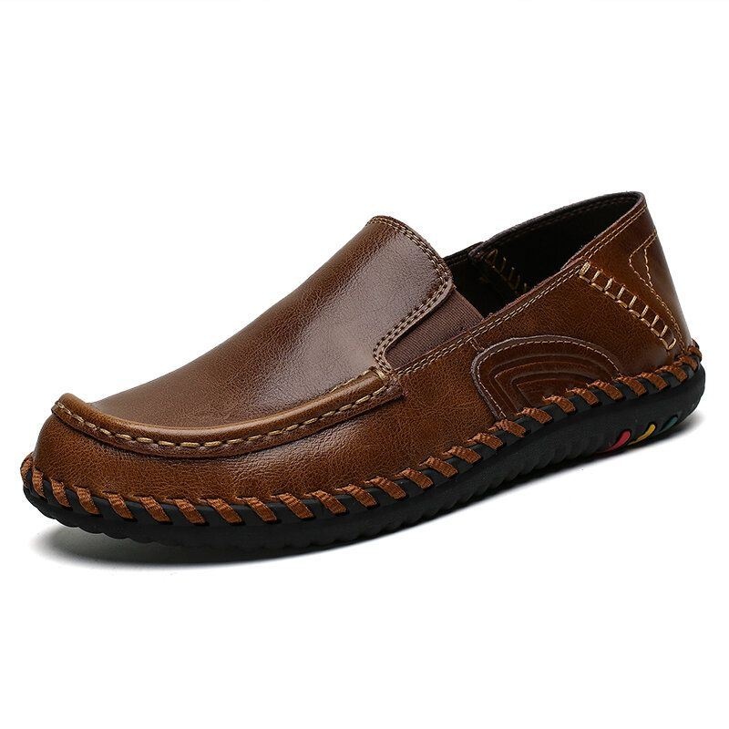 Mężczyźni Pure Color Miękka Skóra Antypoślizgowa Szerokie Dopasowanie Casual Slip-on Buty Do Szycia Ręcznego