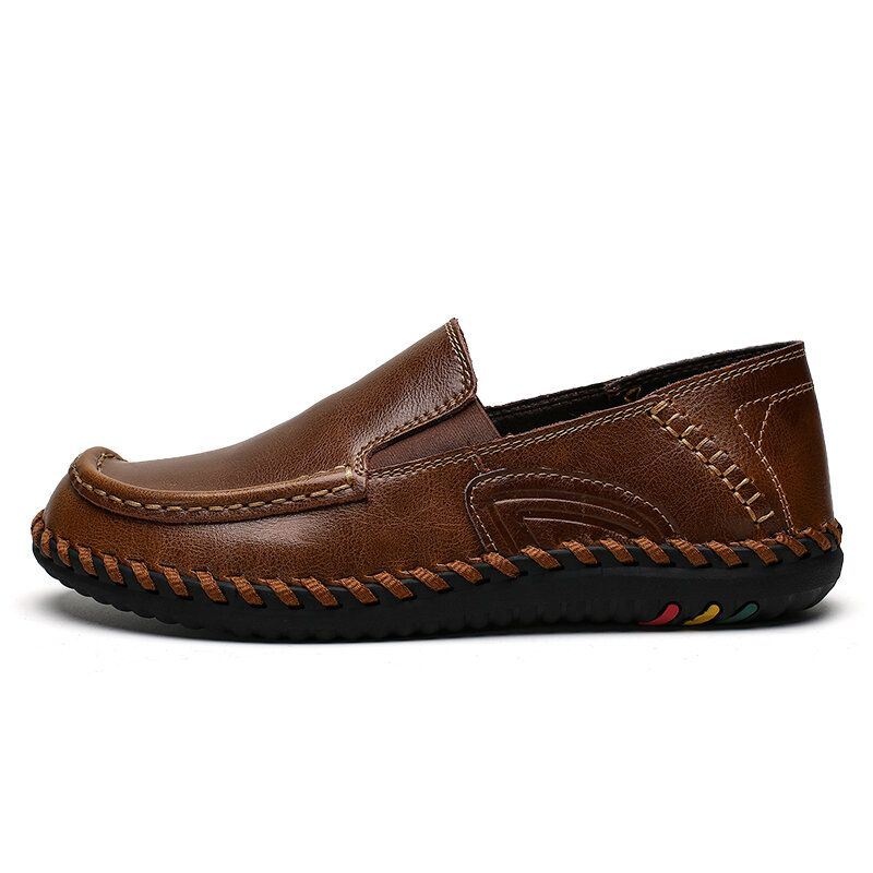 Mężczyźni Pure Color Miękka Skóra Antypoślizgowa Szerokie Dopasowanie Casual Slip-on Buty Do Szycia Ręcznego