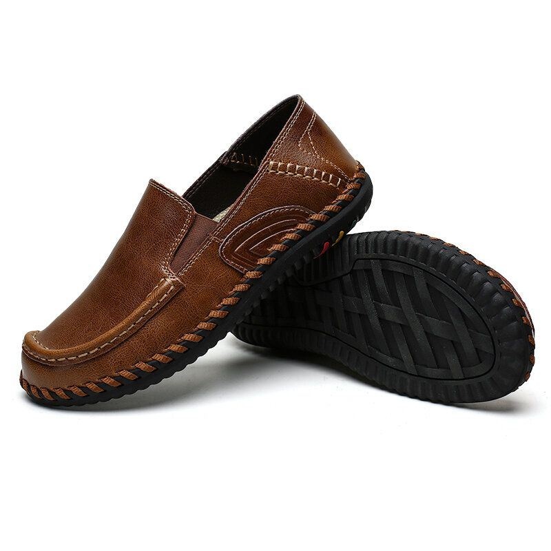 Mężczyźni Pure Color Miękka Skóra Antypoślizgowa Szerokie Dopasowanie Casual Slip-on Buty Do Szycia Ręcznego