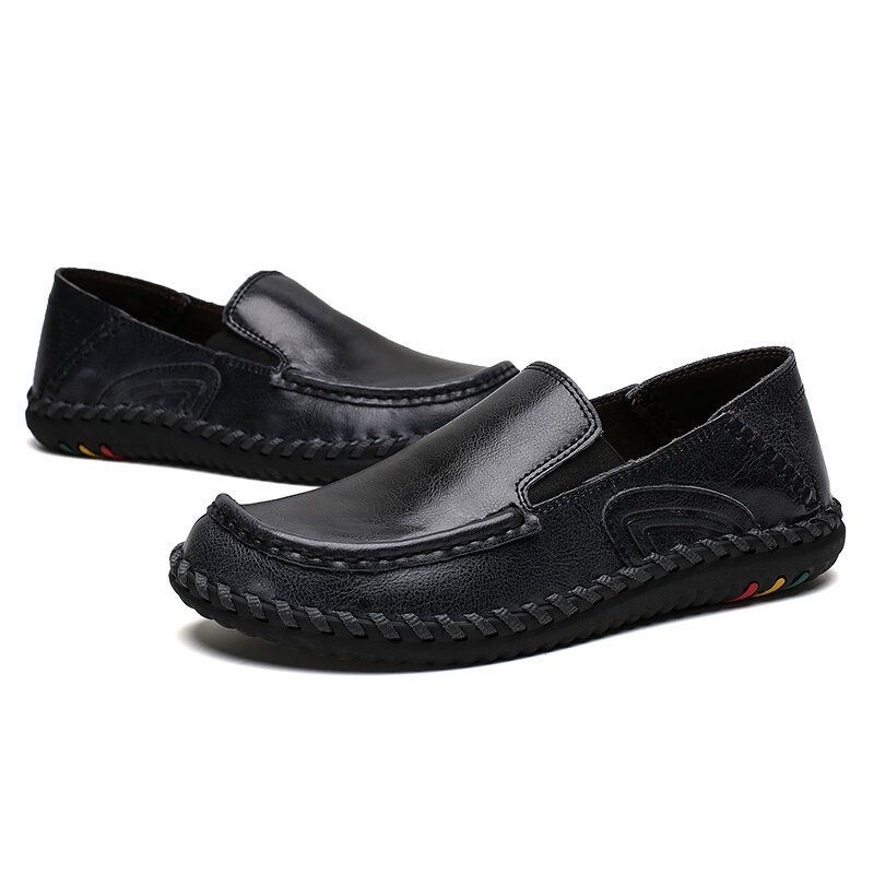 Mężczyźni Pure Color Miękka Skóra Antypoślizgowa Szerokie Dopasowanie Casual Slip-on Buty Do Szycia Ręcznego