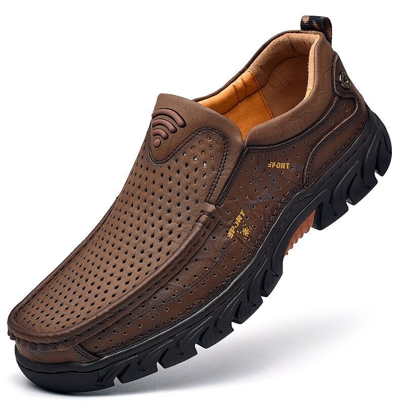 Mężczyźni Skóra Bydlęca Hollow Antypoślizgowe Outdoor Business Casual Slip On Leather Shoes