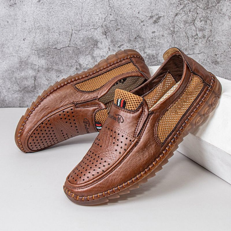 Męska Mikrofibra Hollow Out Oddychająca Ręcznie Szyta Miękka Podeszwa Slip On Casual Shoes