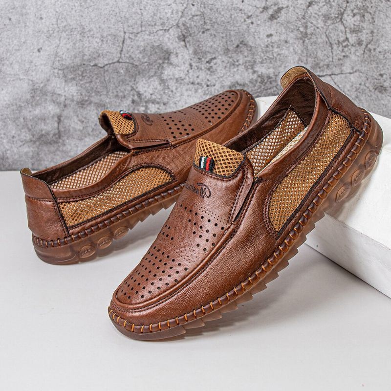 Męska Mikrofibra Hollow Out Oddychająca Ręcznie Szyta Miękka Podeszwa Slip On Casual Shoes