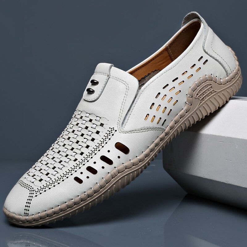 Męska Mikrofibra Hollow Out Oddychające Szwy Ręczne Miękkie Dno Slip On Casual Shoes