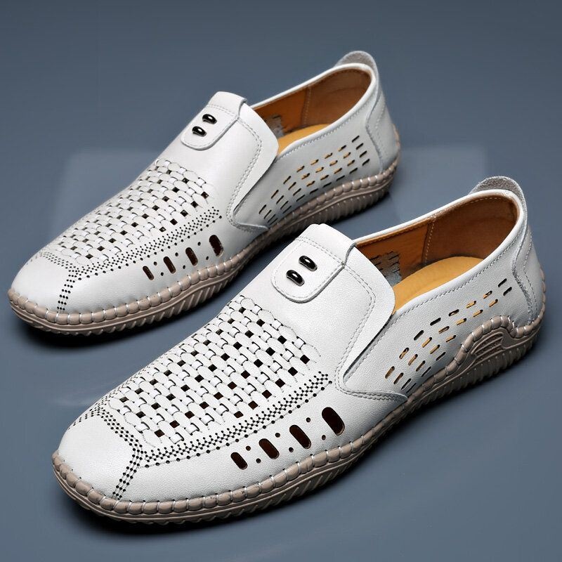 Męska Mikrofibra Hollow Out Oddychające Szwy Ręczne Miękkie Dno Slip On Casual Shoes