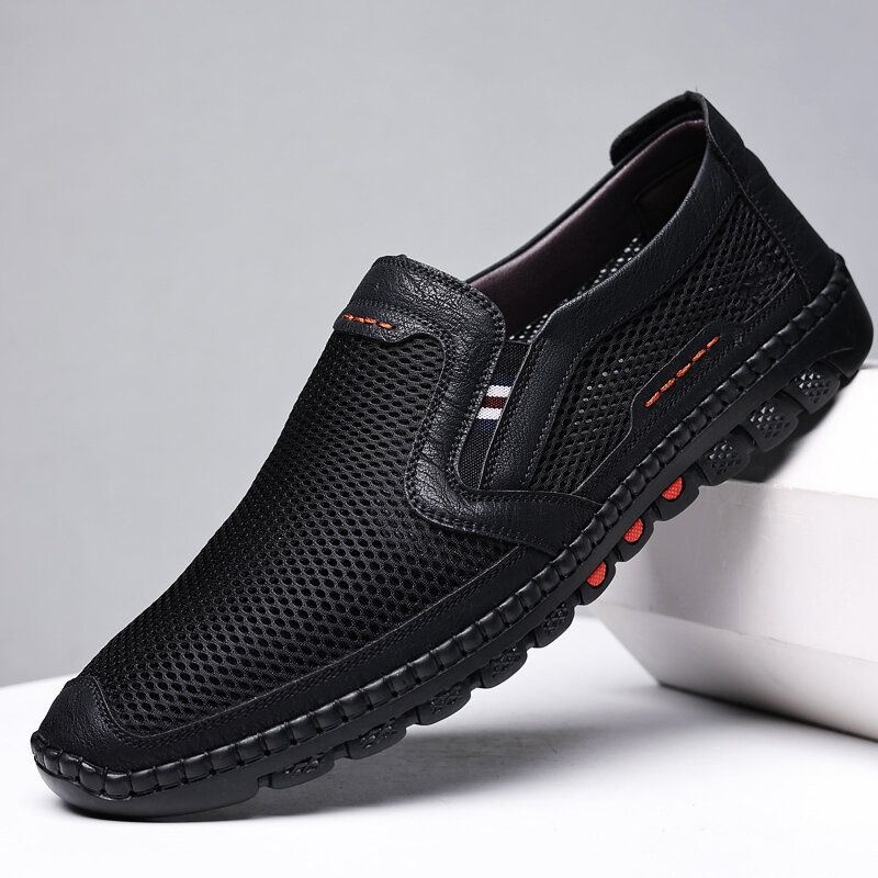 Męska Oddychająca Siatka Ze Skóry Bydlęcej Hollow Out Miękkie Dno Slip On Flat Casual Shoes