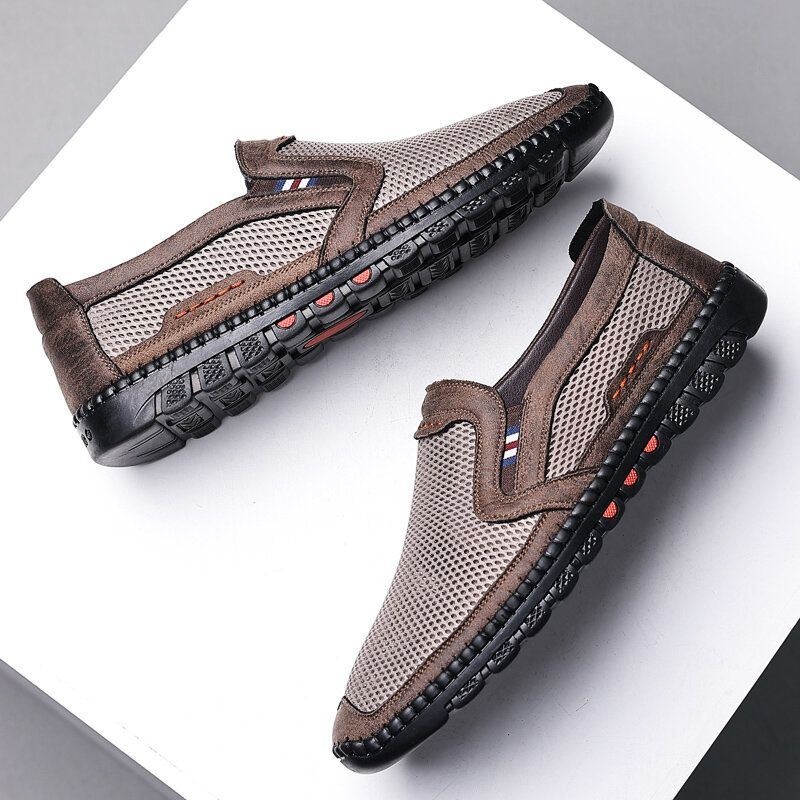 Męska Oddychająca Siatka Ze Skóry Bydlęcej Hollow Out Miękkie Dno Slip On Flat Casual Shoes