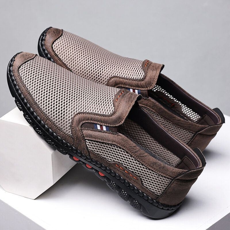 Męska Oddychająca Siatka Ze Skóry Bydlęcej Hollow Out Miękkie Dno Slip On Flat Casual Shoes